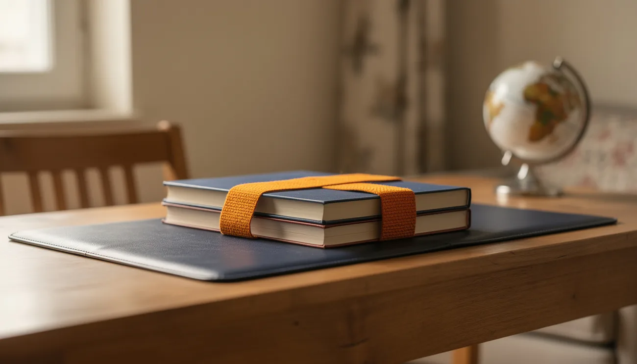 An orderly home study desk with a neat stack of school books, a leather blotter and a globe