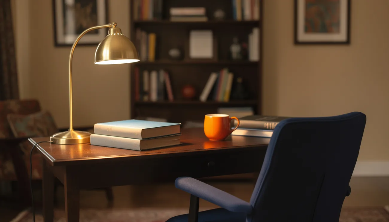 A quiet home study corner with a desk lamp, hardback textbooks, an orange mug and a navy chair