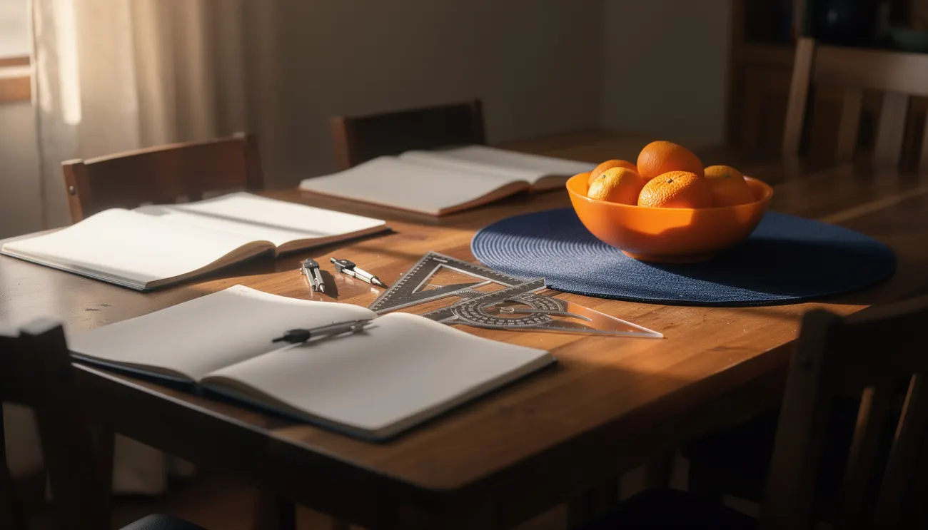 A family dining table cleared for study in the afternoon, with open notebooks and a geometry set