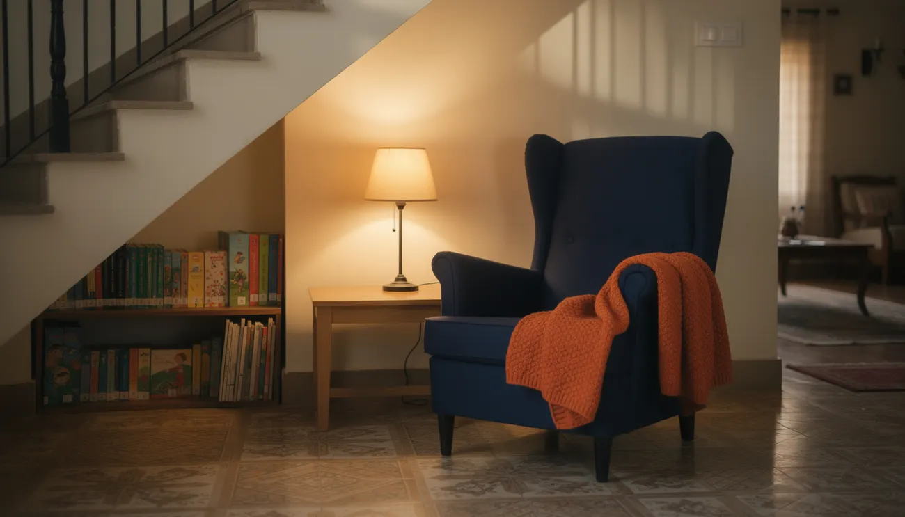 A small home study nook under a staircase with a warm lamp, a shelf of storybooks and a reading chair