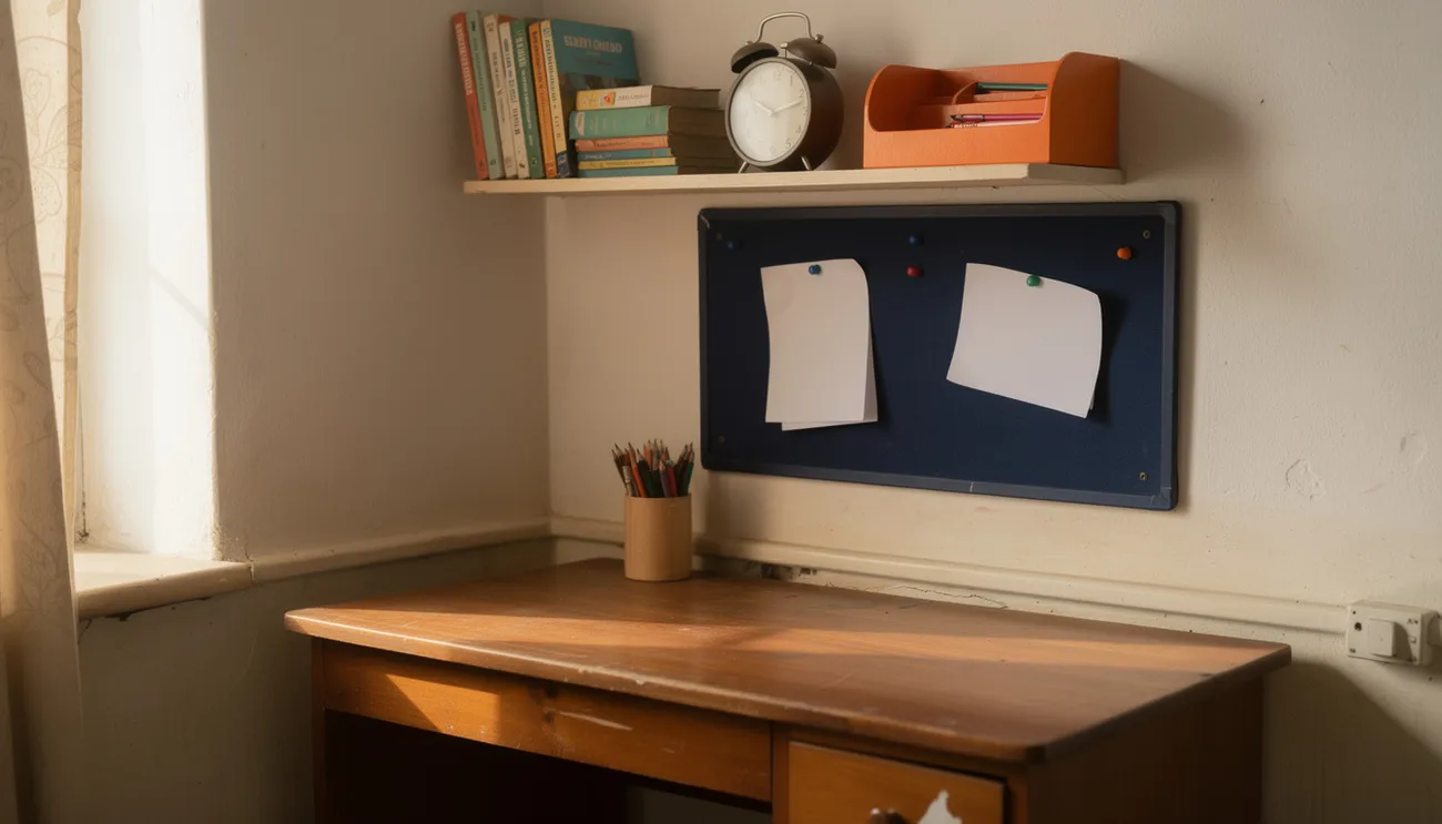 A neat corner study desk in a family home with a wall shelf of school books and a desk organiser
